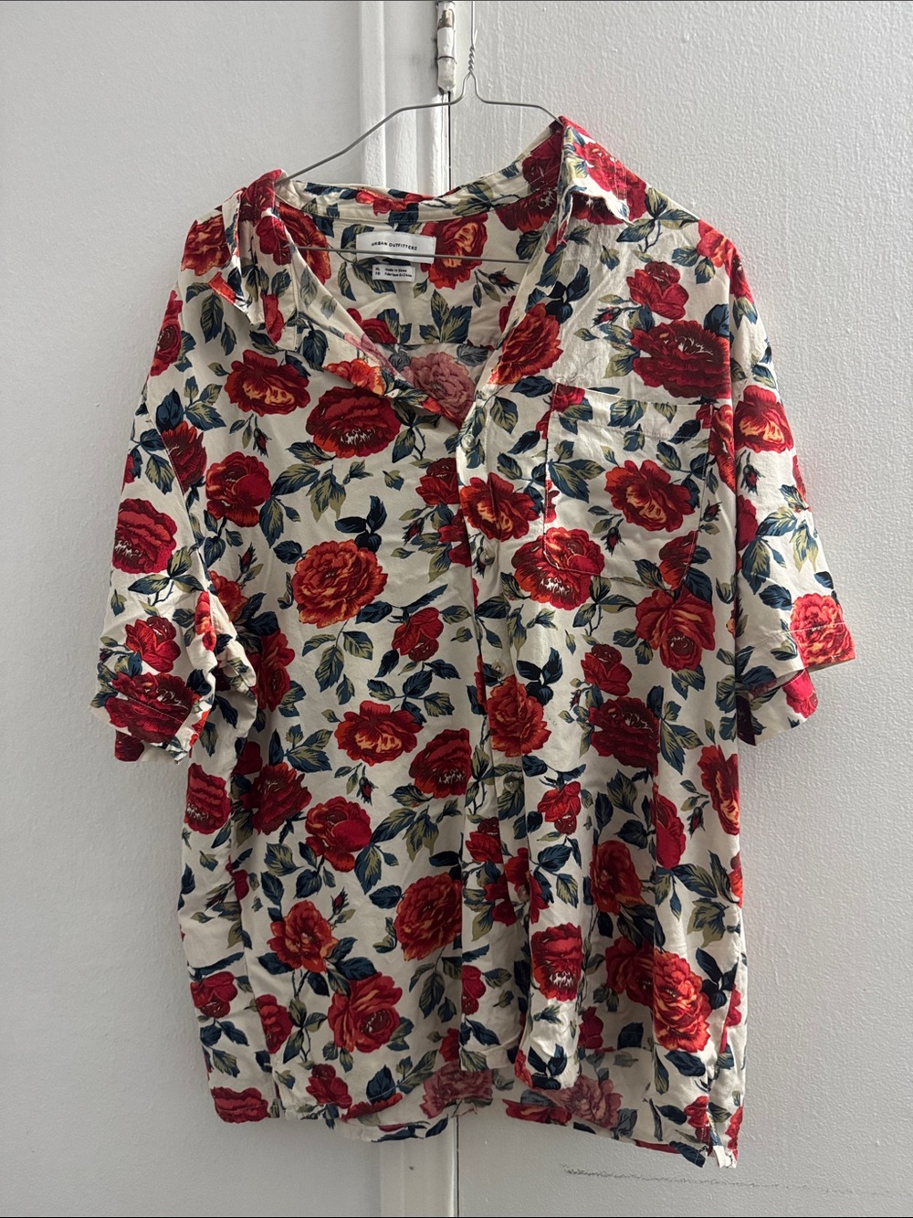Urban Outfitters Cream Button-Up Shirt with Red Floral Print